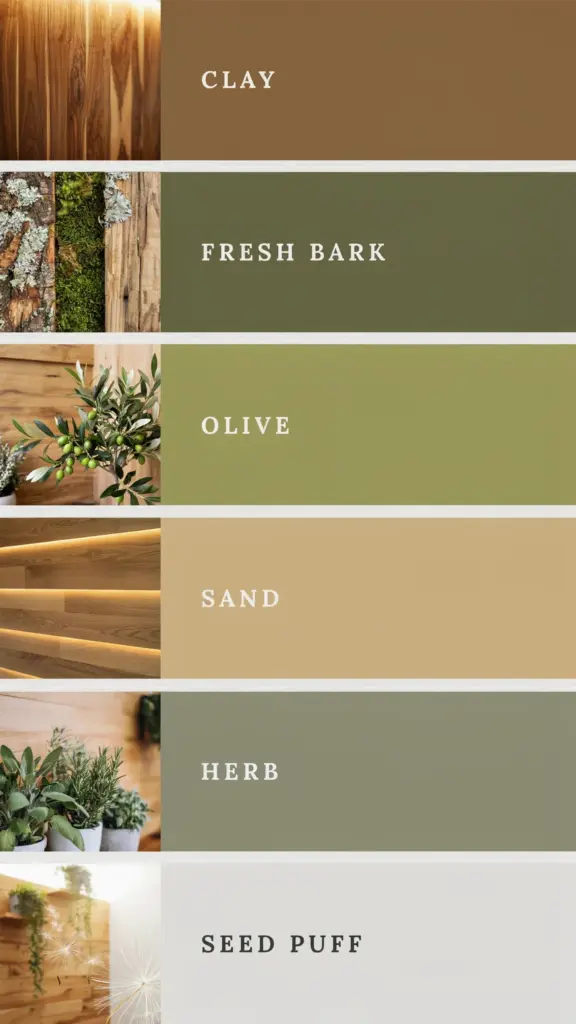 Earth Tone Wood Accent Wall Color Palette | Sage, Brown, Olive Greens | Wellness Home Decor Ideas