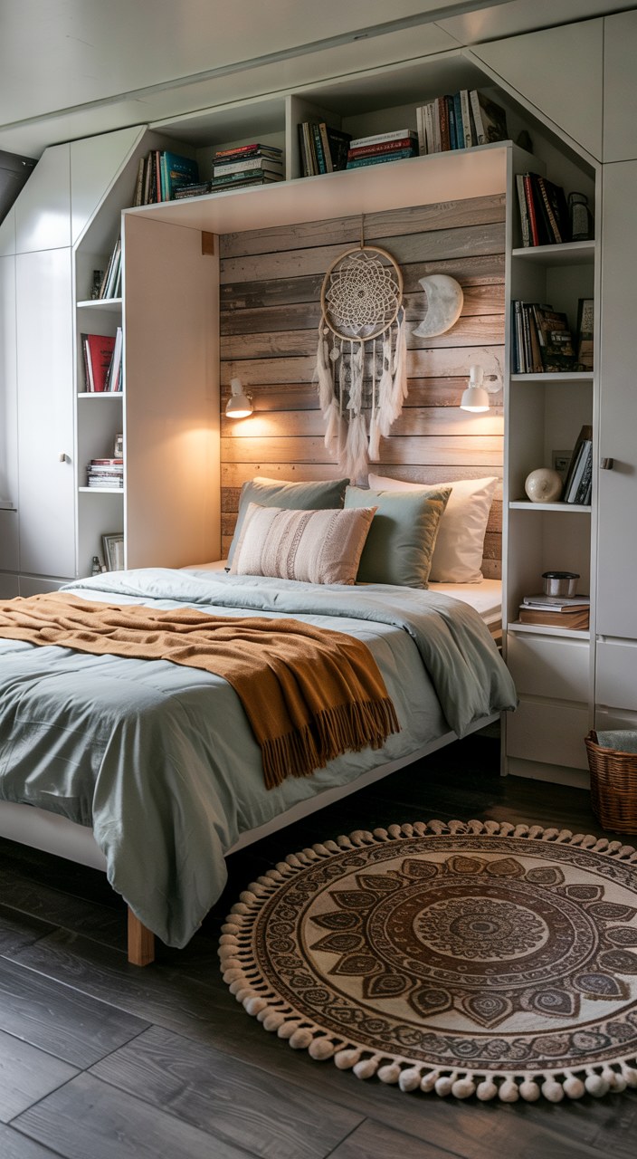 Bohemian Bedroom Ideas with Built-in Storage and Wooden Headboard