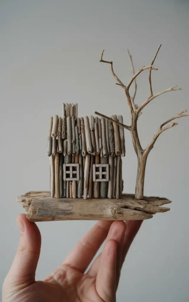 Miniature driftwood house sculpture with bare tree branch | Reclaimed wood craft