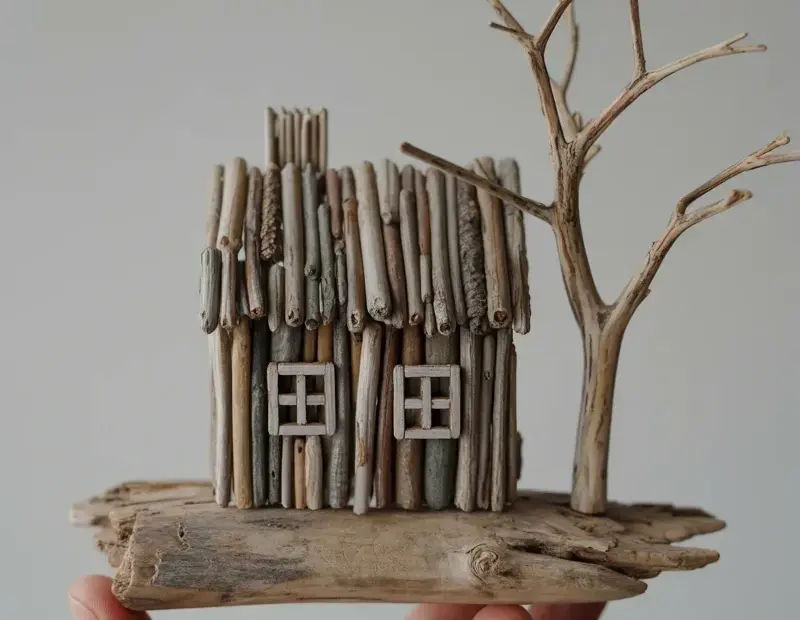 Miniature driftwood house sculpture with bare tree branch | Reclaimed wood craft