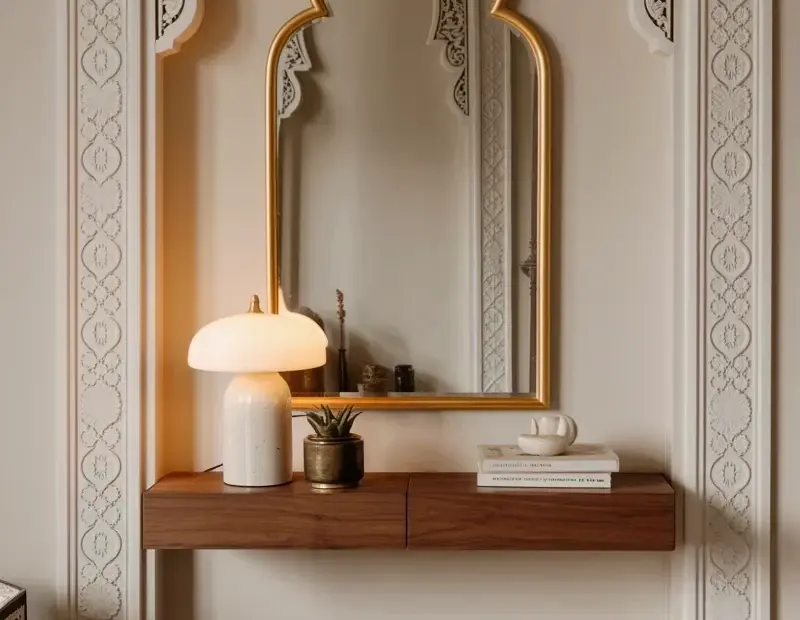 Budget-Friendly Moroccan Style: Dark Walnut Console Table with Arched Mirror Decor Idea