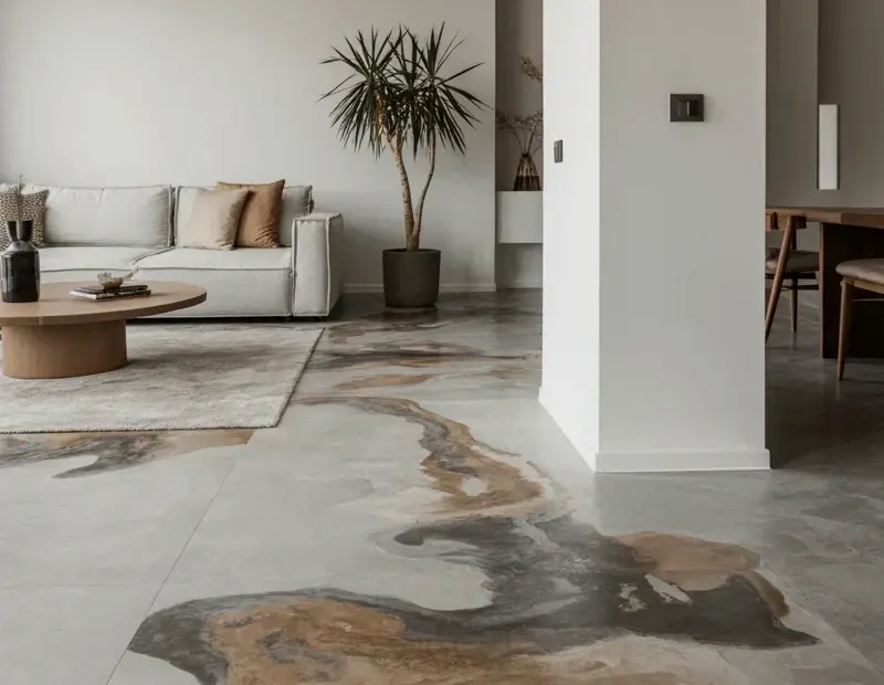 Concrete Floor Living Room Styling Tips | Modern Minimalist with Wood and Plants