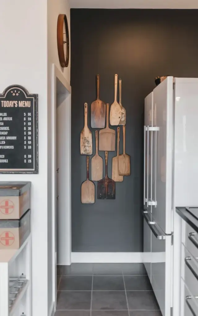 Hallway organization idea: vintage menu board and storage for quick entryway tips