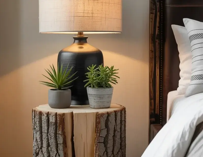 Tree stump side table with black lamp and succulents - modern bedroom idea