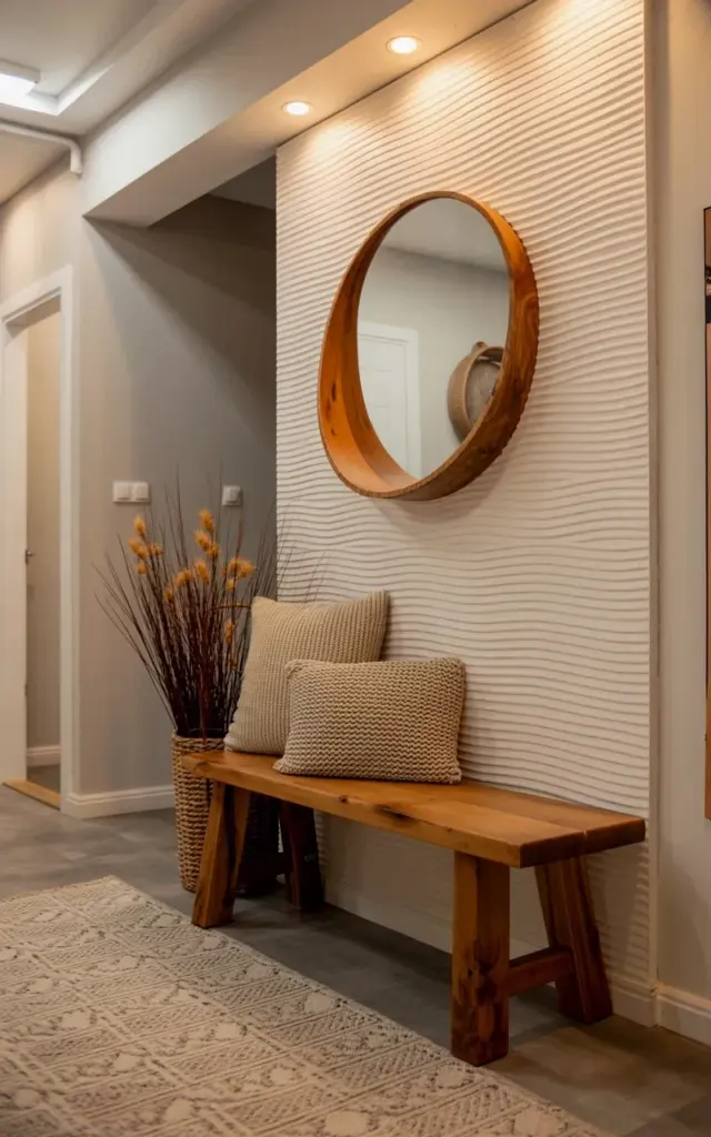 Budget-friendly rustic entryway decor with textured wall panel and wooden mirror