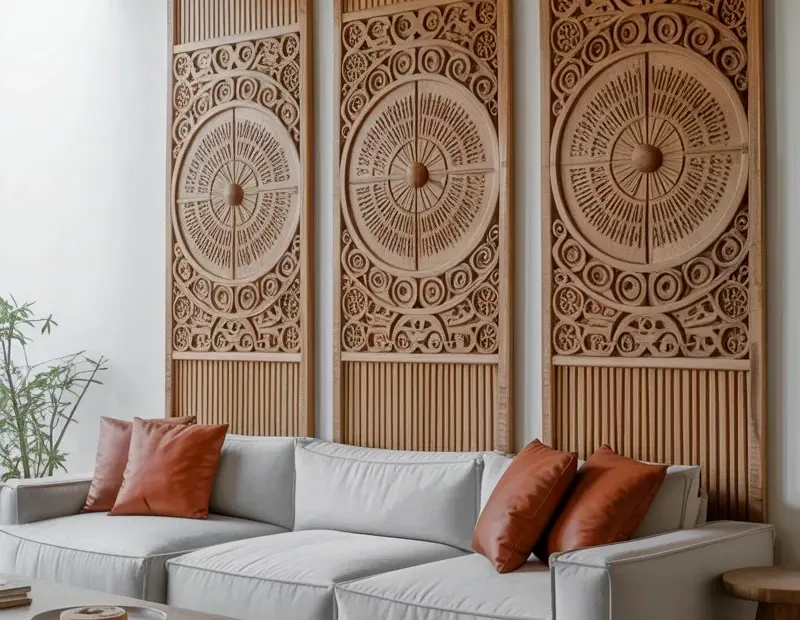 Modern luxury living room with carved wood accent wall panels and cozy neutral decor