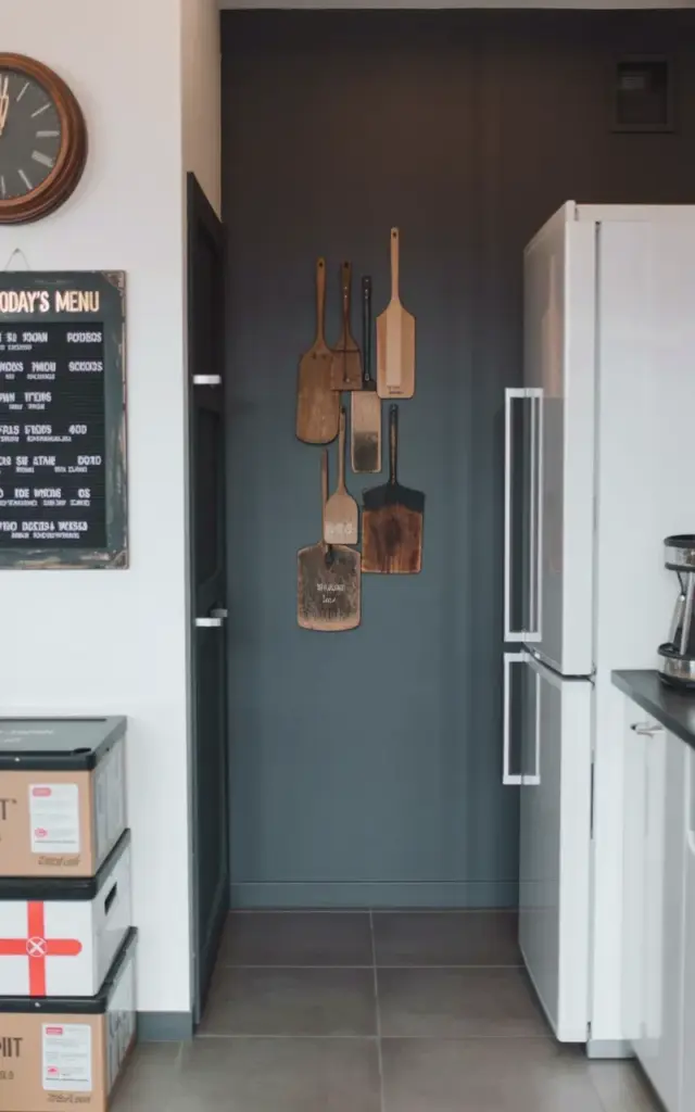 Dark gray hallway accent wall ideas with vintage menu board and modern storage