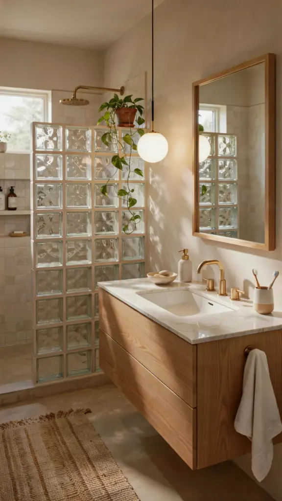 Brown Tile Bathroom Ideas with Natural Wood Accents | Cozy Vibe