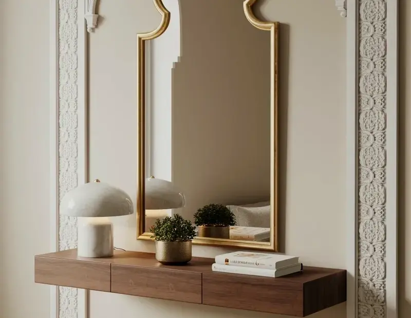 Moroccan Arch Mirror Over a Walnut Floating Console Table | Entryway Decor