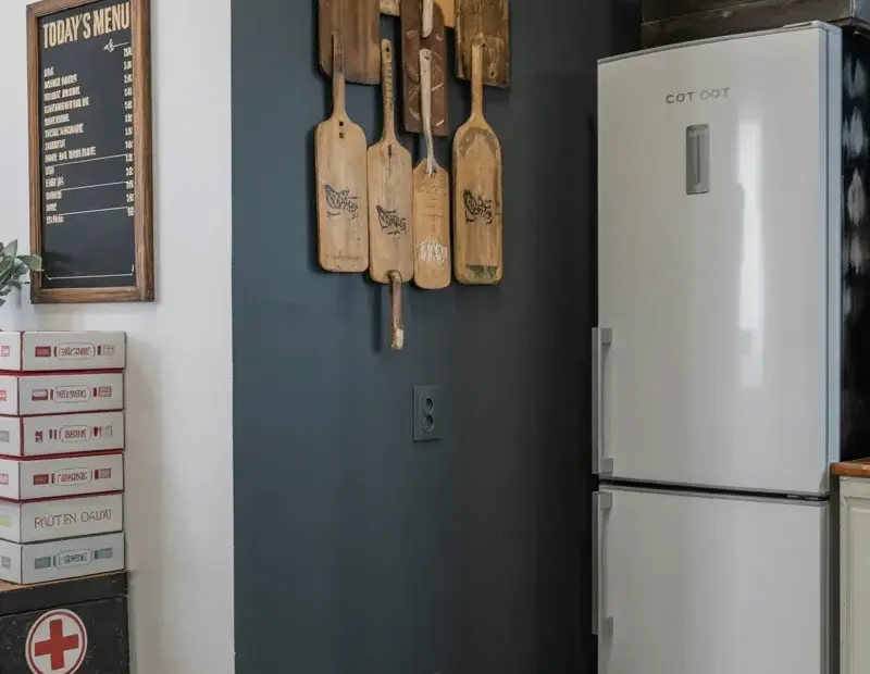 Modern hallway ideas with a vintage menu board for fall meal planning