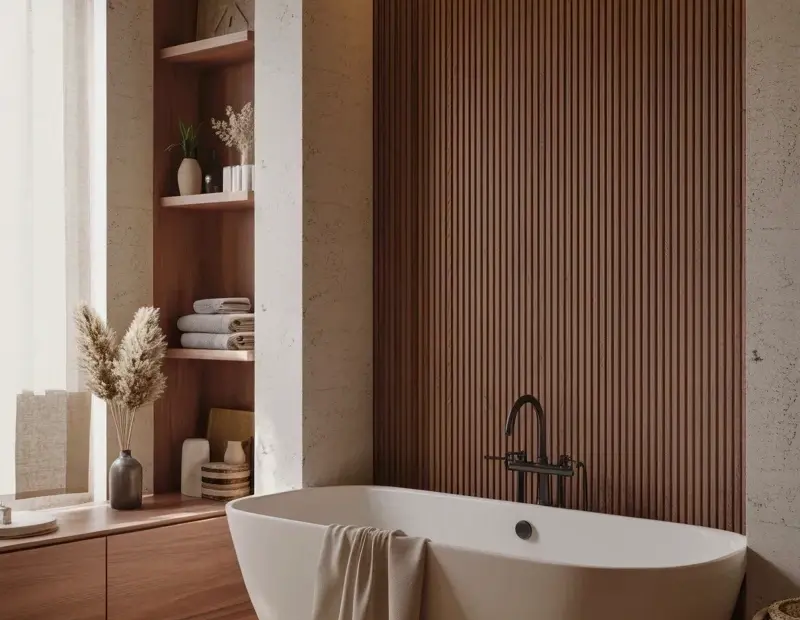 Wood Accent Wall Bathroom Ideas | Modern Freestanding Tub