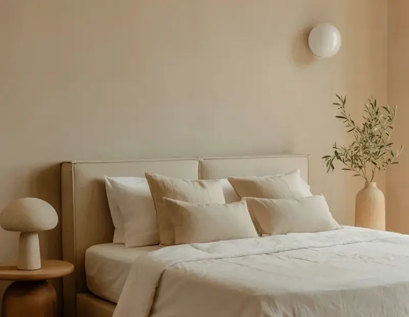 Budget Neutral Bedroom Ideas - Simple Beige Platform Bed with Wood Side Table