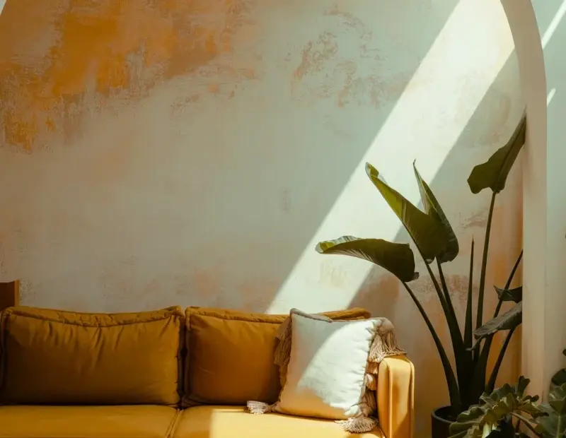 Mustard Yellow Velvet Sofa Under a White Arched Alcove | Sunlit Cozy Corner
