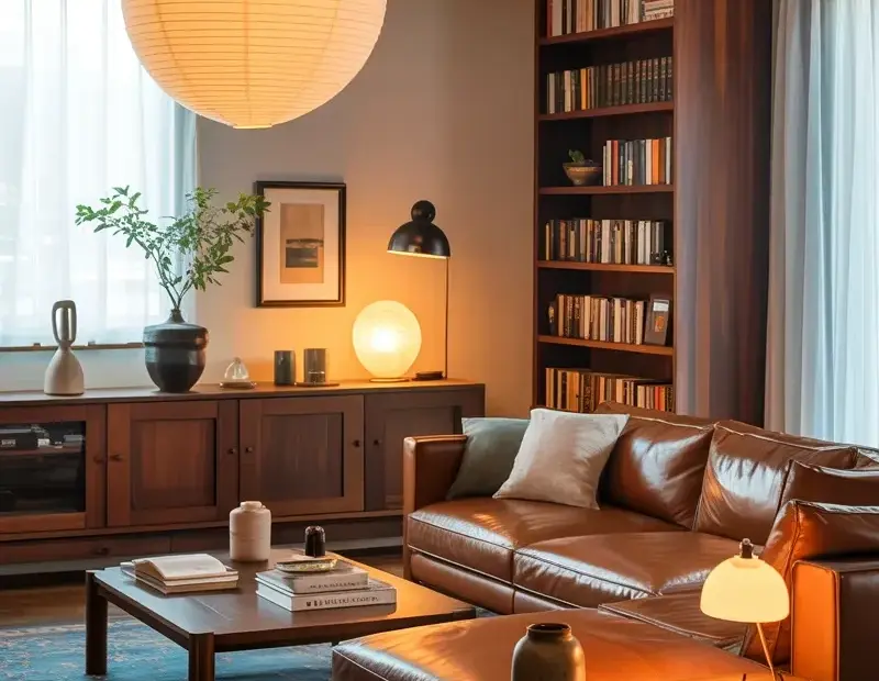 Cozy Modern Living Room Ideas with Brown Leather Sectional and Bookcases