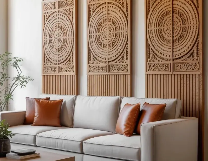 Wood Accent Wall Panels in a Cozy Modern Living Room | Carved Wood Panel Ideas with Sectional Sofa