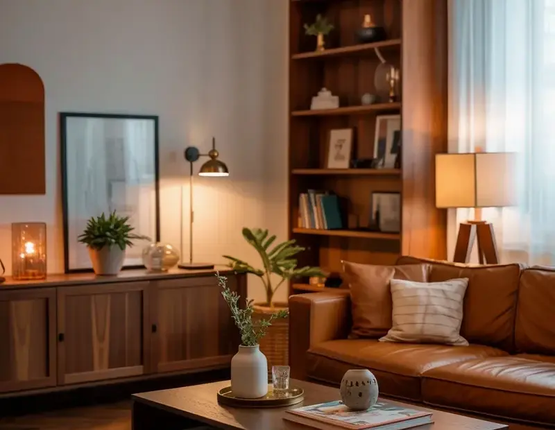 Cozy Leather Sectional Living Room with Built-In Bookcases and Warm Decor