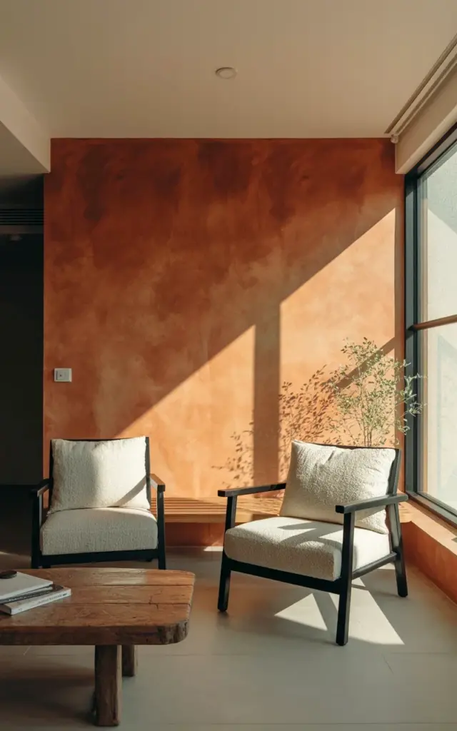 Rustic Wood Coffee Table + Terracotta Textured Wall | Cozy Fall Living Room Decor