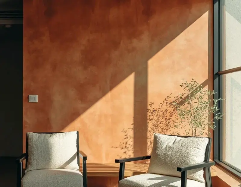 Rustic Wood Coffee Table + Terracotta Textured Wall | Cozy Fall Living Room Decor