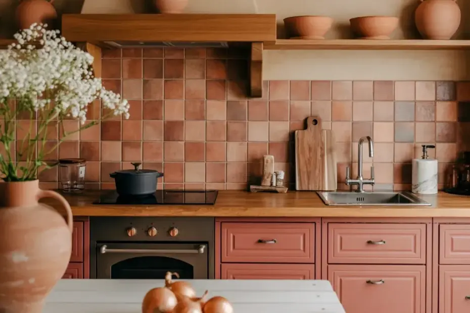Mediterranean Kitchen Ideas with Terracotta Tile Backsplash & Coral Cabinets