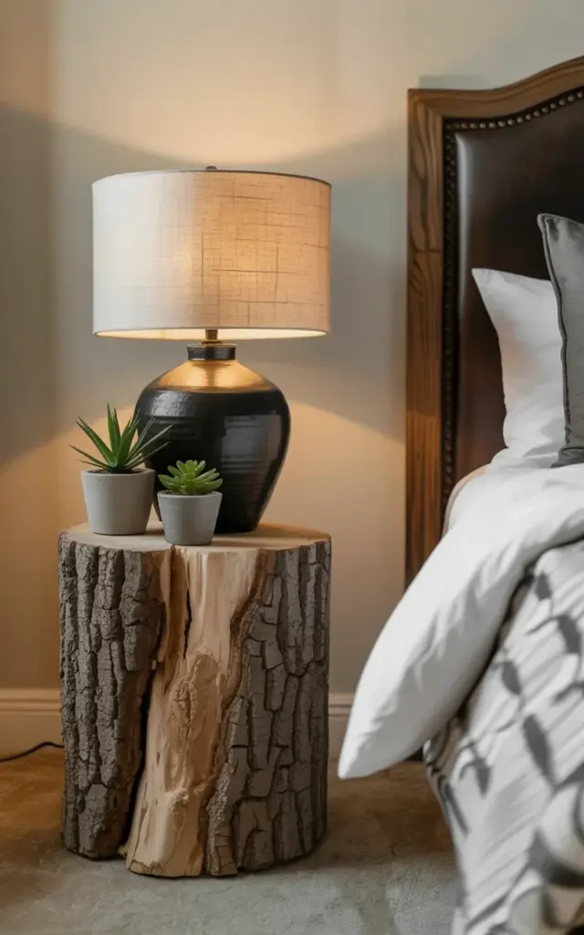Tree stump side table before & after | modern bedroom makeover with leather bed frame