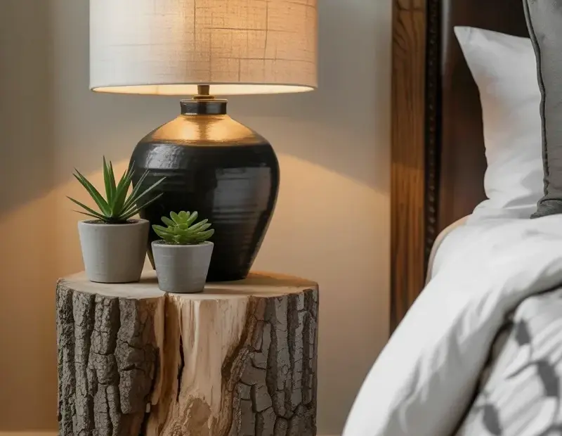 Tree stump side table before & after | modern bedroom makeover with leather bed frame