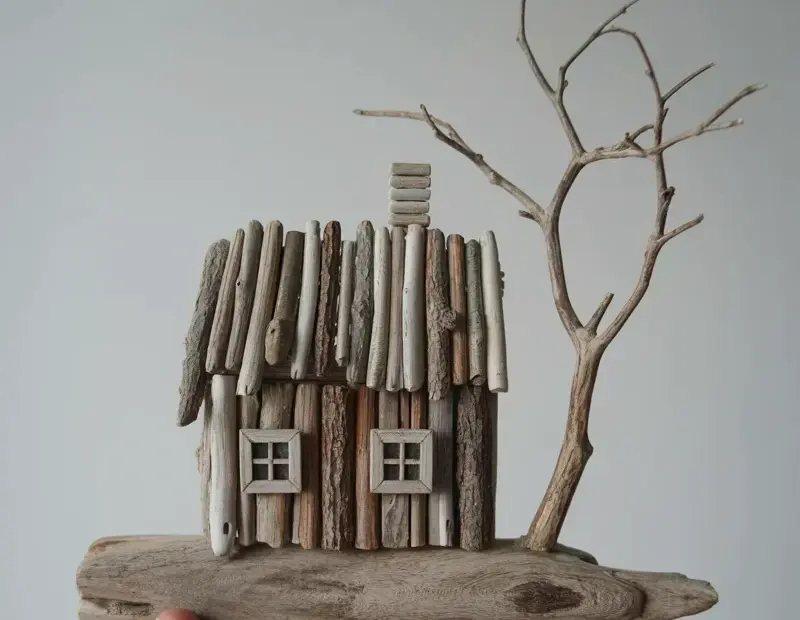 Driftwood House Sculpture with Gnarled Branch and Chimney | Handmade Reclaimed Wood Decor