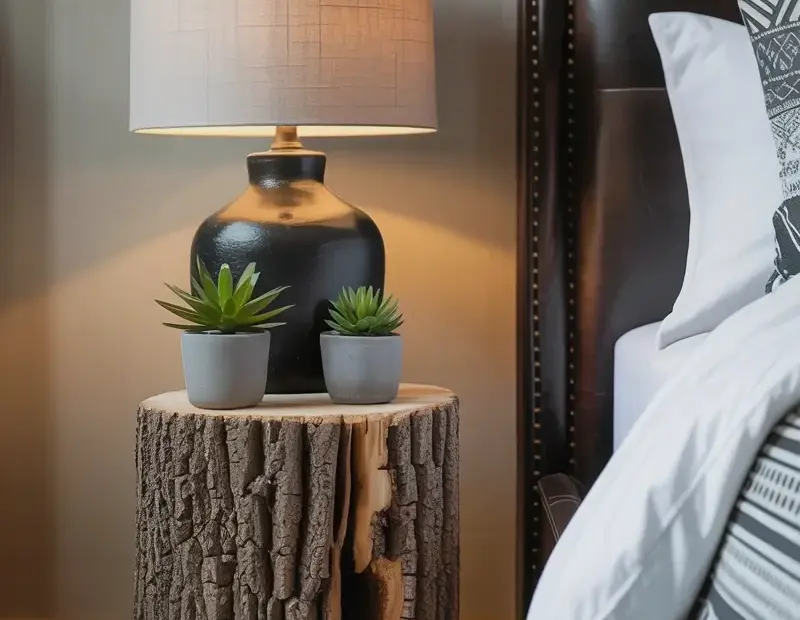 Tree Stump Side Table Styling for Modern Bedrooms | Rustic Lamp and Succulents