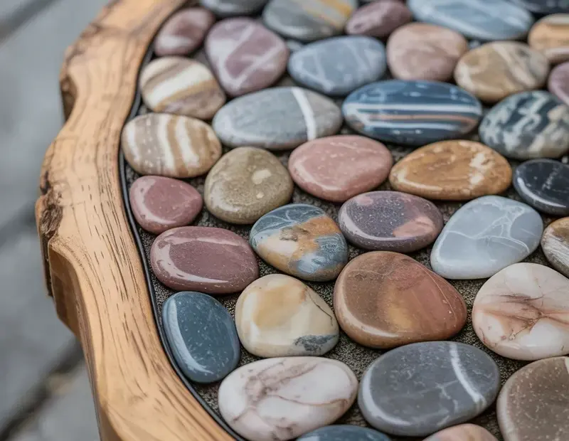 River Rock Table Mosaic Before and After with Live Edge Wood