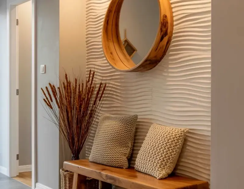 Wooden Entryway Decor: Circular Mirror + Chunky Knit Pillows on Rustic Bench